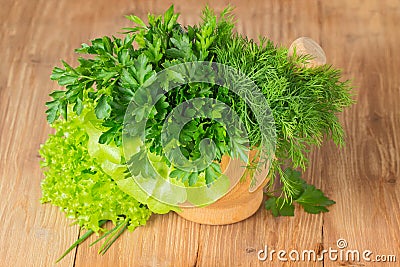 Green herbs in a pounder Stock Photo