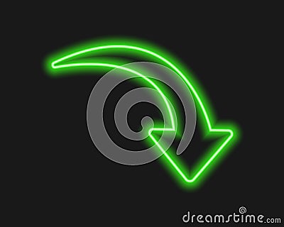 Green here neon arrow. Lightning direction sign on dark background. Vector realistic illustration Vector Illustration