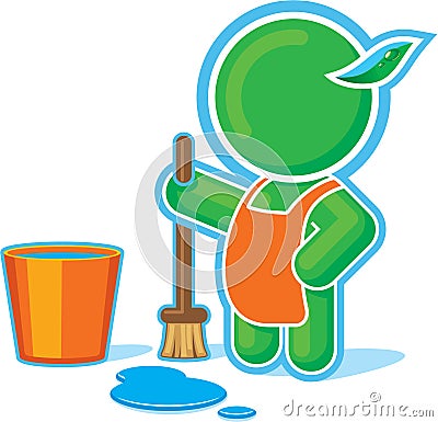 Green Hero Cleaning with Bucket of Water Vector Illustration