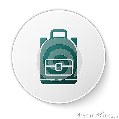 Green Hiking backpack icon isolated on white background. Camping and mountain exploring backpack. White circle button Vector Illustration