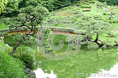 Green hill, bridge, lake in Japanese zen garden Stock Photo