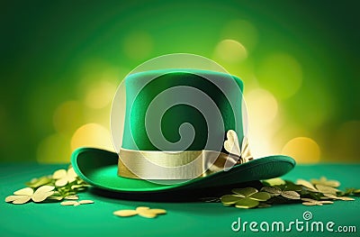 green holiday hat, leprechaun hat, clover leaves, Irish shamrock, golden glow, bokeh effect, magic and luck Stock Photo