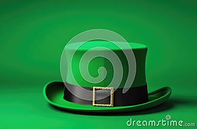 green holiday hat, leprechaun hat, clover leaves, Irish shamrock, magic and luck, green background Stock Photo