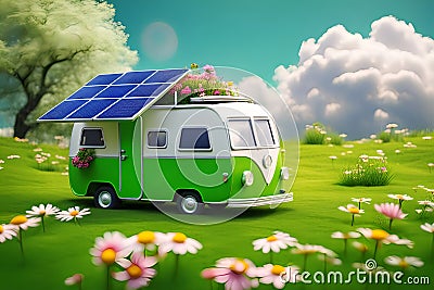 Green home - Camping car with solar panels. Green energy concept with environment roadsign showing alternative to CO2 and Stock Photo