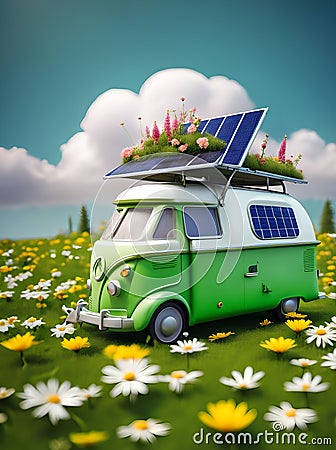 Green home - Camping car with solar panels. Green energy concept with environment roadsign showing alternative to CO2 and Stock Photo