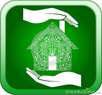 Green home in open hands Vector Illustration