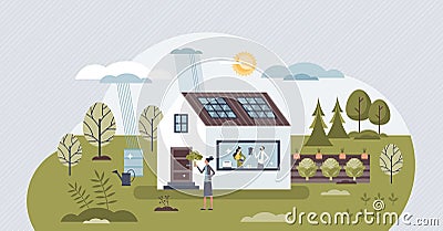 Green home with sustainable organic nature resource usage tiny person concept Vector Illustration