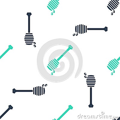 Green Honey dipper stick with dripping honey icon isolated seamless pattern on white background. Honey ladle. Vector Vector Illustration