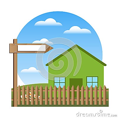 Green house and blank sign Vector Illustration