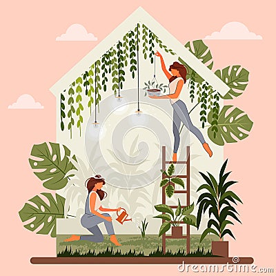 Green house, concept of ecology and plant care. Lovely girls take care of the flowers. Vector Illustration