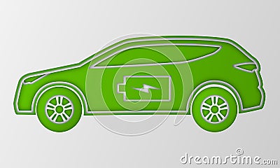 Green hybrid car in paper art style. Electric powered environmental vehicle. Contour automobile with battery sign. Vector Illustration