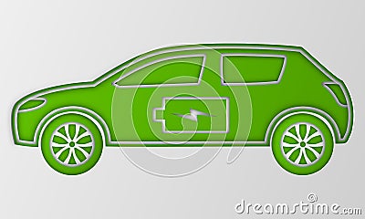 Green hybrid origami car in paper art. Electric powered environmental vehicle. Contour automobile with battery sign. Vector Illustration