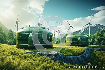 green hydrogen storage tanks with renewable energy symbols Stock Photo