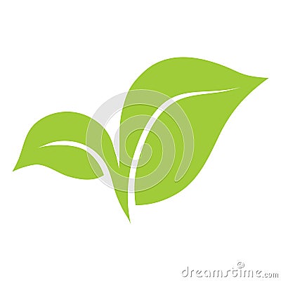 Green icon of the two leaves. It can be used for eco, vegan, herbal, health or care for the nature of the logo design. Stock Photo