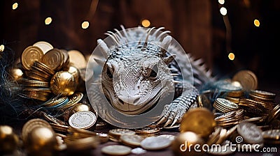A green iguana in the form of a symbol of the year of the dragon sits on a scattering of gold coins and Christmas tree ball Stock Photo