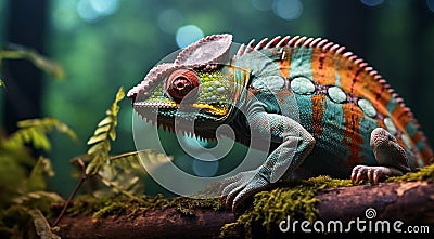 iguana on a tree, green iguana on a tree branch, close-up of colored chameleon on the tree, close-up of a chameleon in the forest Stock Photo