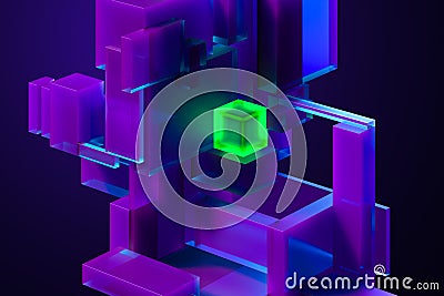 Green Illuminating Neon Bright Cube On Abstract Geometric Foursquare Figures And Violet Background. 3d Rendering Stock Photo