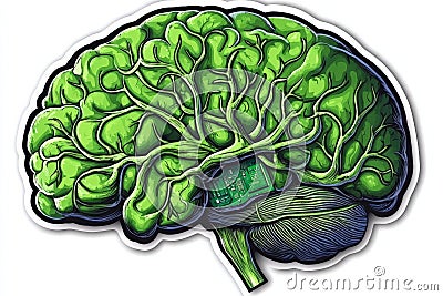 Green illustrated brain visible neural patterns representing artificial intelligence cognitive science futuristic technological Cartoon Illustration