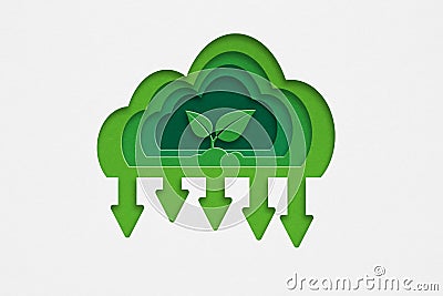 Green industries business concept. Net zero emissions. Renewable energy, ecology solutions, green plant inside cloud ,grunge Cartoon Illustration