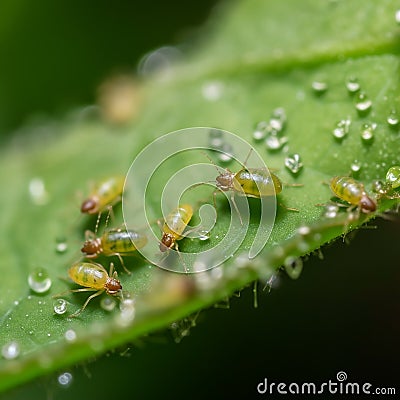 Green insect pests aphids on a green leaf and dew drops, close-up Stock Photo