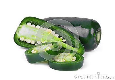 Green jalapeno peppers with half slice isolated on a white Stock Photo