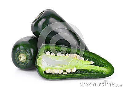 Green jalapeno peppers with half slice isolated on a white Stock Photo