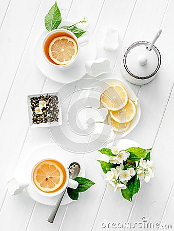 Green jasmine tea ceremony with marshmallow, topview Stock Photo