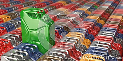 Green jerrycan against the background of many others cans. Bio f Cartoon Illustration