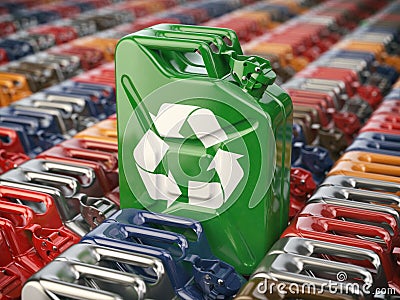 Green jerrycan with recycle sign against the background of many Cartoon Illustration