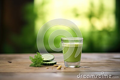 green juice flowing into a clear glass, cucumber slices beside Stock Photo