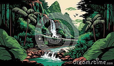 Green jungle, train and waterfall, digital illustration. Generative AI Cartoon Illustration