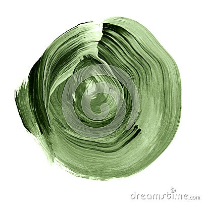 Green kale textured acrylic circle. Watercolour stain on white background. Stock Photo