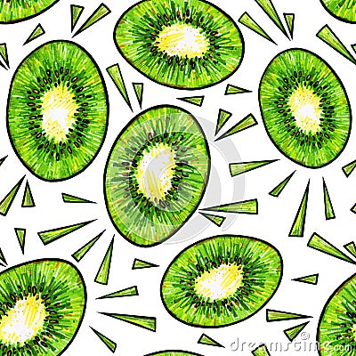 Green kiwi fruit on white background. Kiwi doodle drawing. Seamless pattern Stock Photo