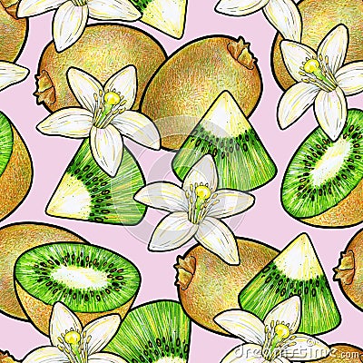 Green kiwi fruit and white flowers on pink background. Kiwi animation doodle drawing hand work. Seamless pattern for desi Stock Photo