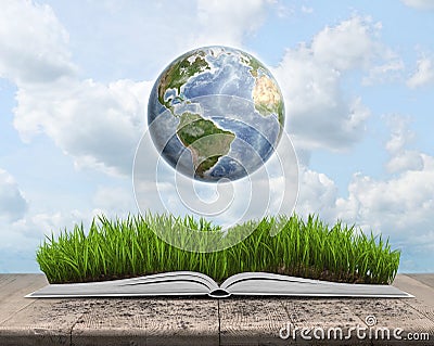 Green landscape covered by grass on an open book with Globe. Stock Photo