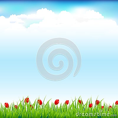 Green Landscape With Grass And Red Tulip Vector Illustration