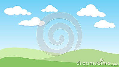 Green landscape hills with white cartoon clouds on blue sky Cartoon Illustration