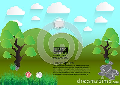 Green landscape meadow with trees and clouds,Vector illustration. paper art style Vector Illustration