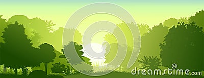 Green landscape of rainforest, jungle thickets. Horizontal background. Scenery silhouette. Dense trees, lush spring, summer grass. Vector Illustration