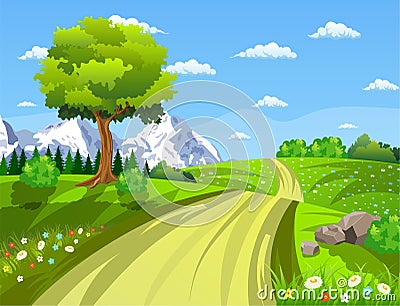 Green Landscape with trees clouds flowers Vector Illustration