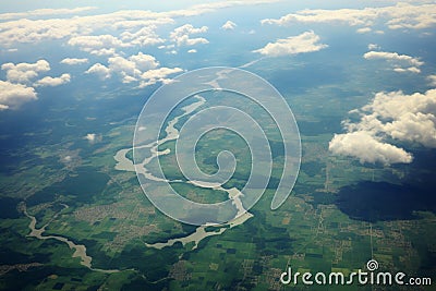 Green landscapes below clouds aerial shot from a plane window Stock Photo