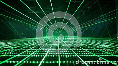 Green laser rays in abstract dark space for background, light lines of digital data. Concept of virtual reality, simulation, Stock Photo
