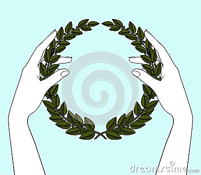 Green laurel wreath. Woman holding green laurel wreath Vector Illustration