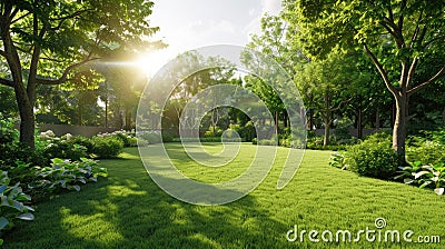 a green lawn background bathed in sunlight., the lushness of the grass and the warm glow of the sun, evoking a sense of Stock Photo