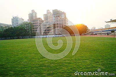 Green lawn football field, at school Editorial Stock Photo