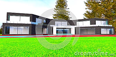 Green lawn in front of the new empty house with large windows. The autumn woods behind. 3d rendering Stock Photo