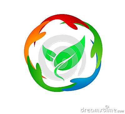 Green leaf, care, eco logo in people Hands in Circle logo. Cartoon Illustration