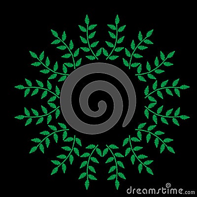 Green leaf frames embroidery stitches imitation on the black background Vector Illustration