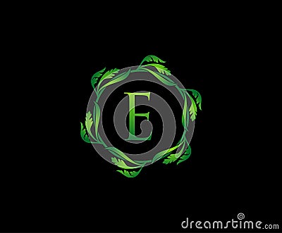 Green Leaf Letter E Round Logo Design. monogram logo. Simple Swirl Green Leaves Alphabet Icon Stock Photo