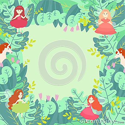 Green leaf magic compositions pattern round concept flat vector illustration. Wizard unicorn and magical fairy girl Vector Illustration